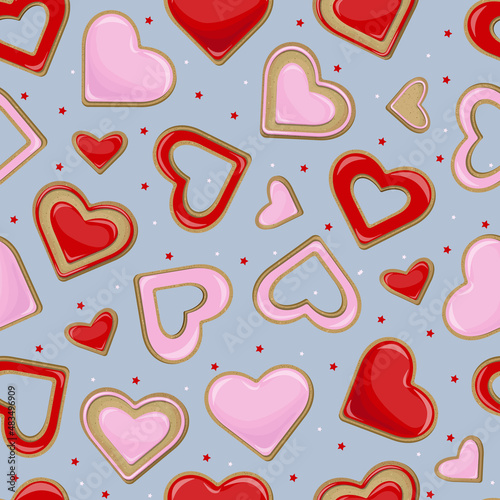 Vector seamless pattern of pink and red cookies in the shape of hearts isolated on grey background.