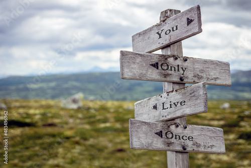 you only live once text quote engraved on wooden signpost outdoors in nature. photo