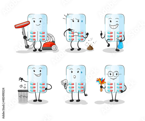 medicine cleaning group character. cartoon mascot vector