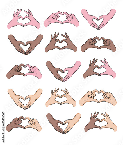 Vector set of heart shaped hand different skin color, national and valintine's day, african american hands, palms and arms.  photo