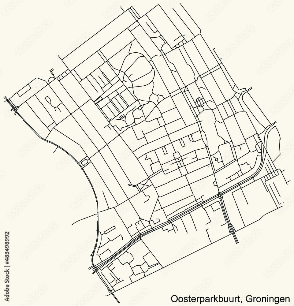 Detailed navigation black lines urban street roads map of the OOSTERPARKBUURT NEIGHBORHOOD of the Dutch regional capital city Groningen, Netherlands on vintage beige background