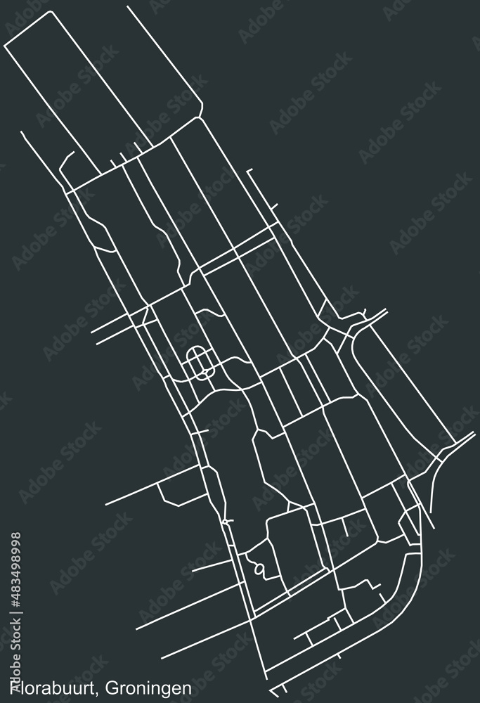 Detailed negative navigation white lines urban street roads map of the FLORABUURT NEIGHBORHOOD of the Dutch regional capital city Groningen, Netherlands on dark gray background