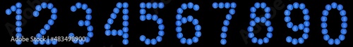 Set of arabic numbers from blue christmas balls, isolated on black background
