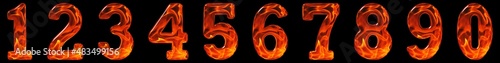 Set of arabic numbers, emitation flame texture, 3D illustration, isolated on black background