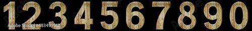 Set of arabic numbers, imitation wood texture, 3D illustration, isolated on black background