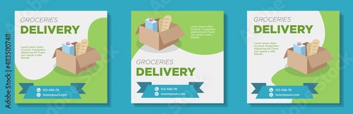 Groceries delivery social media post, banner set, online supermarket advertisement concept, food delivery service business marketing square ad, abstract print, isolated on background