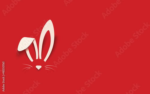 Happy Easter greeting card with white paper cut Easter Bunny isolated on a red background,vector illustration photo