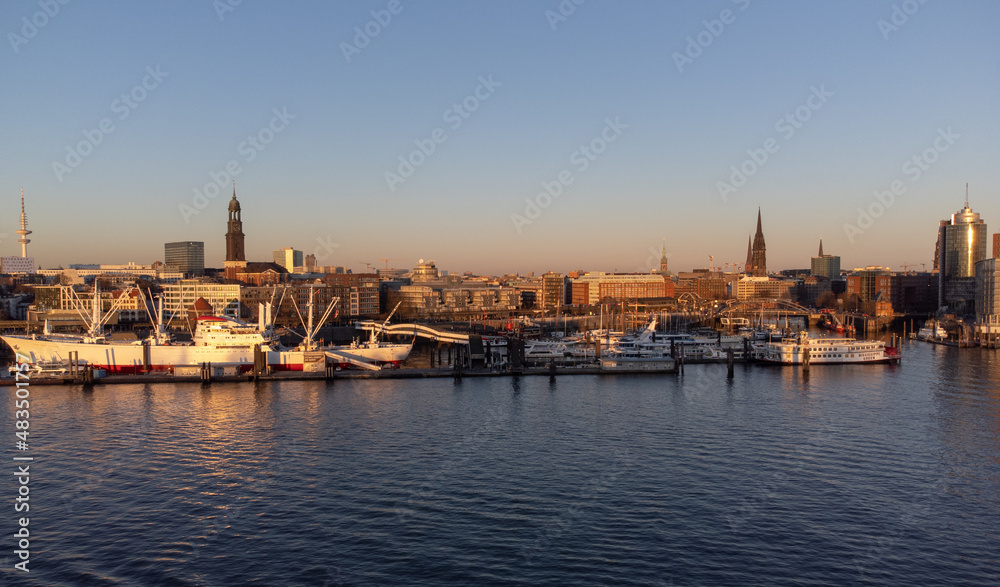Sunset over Hamburg harbour - aerial view - drone photography Germany from above