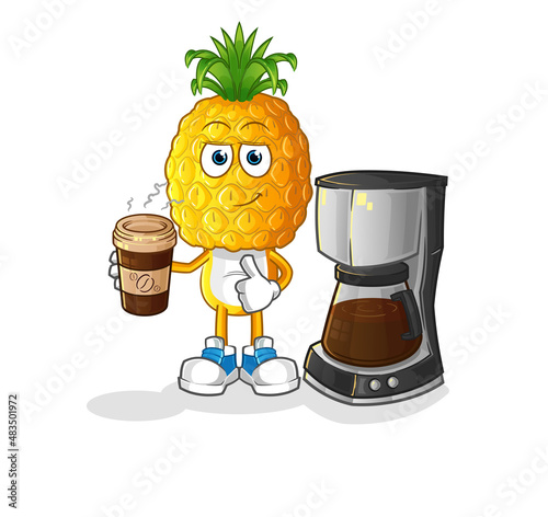 pineapple head cartoon drinking coffee illustration. character vector