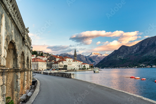 view of Perast village in Kotor bay, Montenegro.