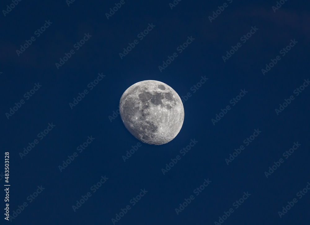 Closeup of the waxing moon  - one day before full moon - early evening capture against dark blue sky. Stuttgart, Germany January 22, 2022
