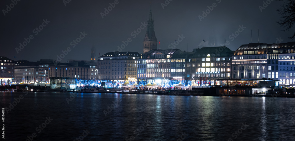 The Alster lake in the city center of Hamburg by night - street photography
