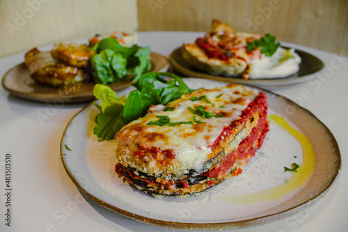gourmet eggplant parmesan with cheese and tomato sauce