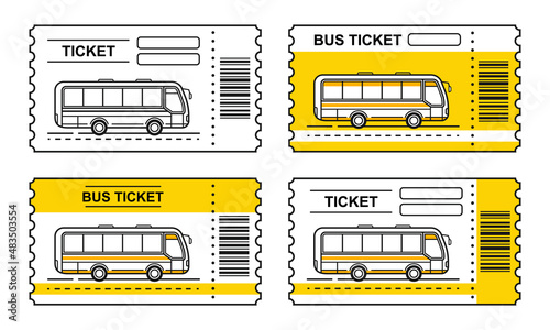 Bus travel ticket, autobus public transport pass outline icon set. Paper passenger seat card for trip on city road minibus. Journey coupon urban transportation. Payment auto tourist ride. Flat vector