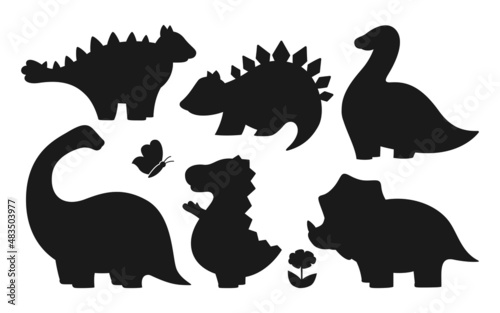 Dinosaur silhouette set. Reptile stamp or stencil collection dino contour childish character. Wildlife funny dinosaurs prehistoric lizard. Kids design for fabric or textile, predators and print vector photo