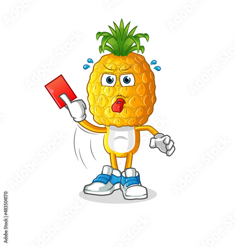 pineapple head cartoon referee with red card illustration. character vector