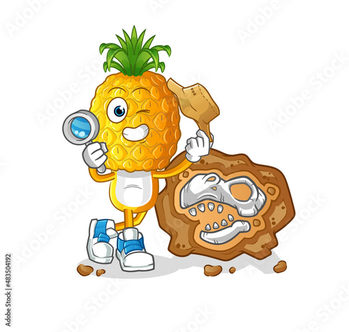 pineapple head cartoon archaeologists with fossils mascot. cartoon vector