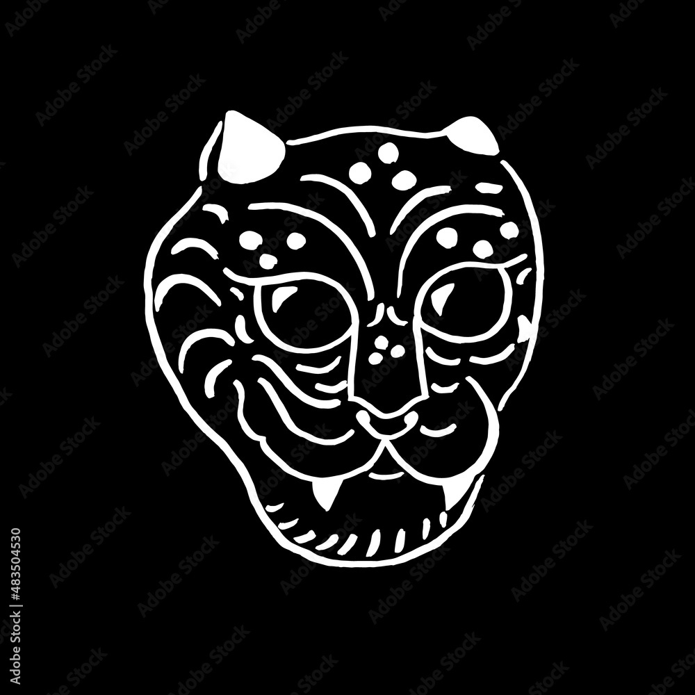 Vector image of a tiger. Head. Talisman, symbol of the year, 2022. Chinese New Year, Asia, Eastern tradition. White on black. Vector image of a tiger. Head. Talisman, symbol of the year, 2022. Chinese New Year, Asia, Eastern tradition. White on black.