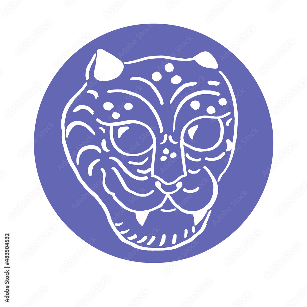 Vector image of a tiger. Muzzle, head. Talisman, symbol of the year, 2022. Chinese New Year, Asia, Eastern tradition. Sticker, circle. Very Peri.