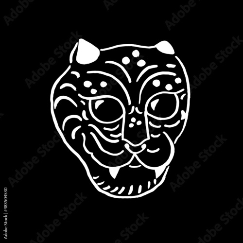 Vector image of a tiger. Head. Talisman, symbol of the year, 2022. Chinese New Year, Asia, Eastern tradition. White on black. © Julia Kuts