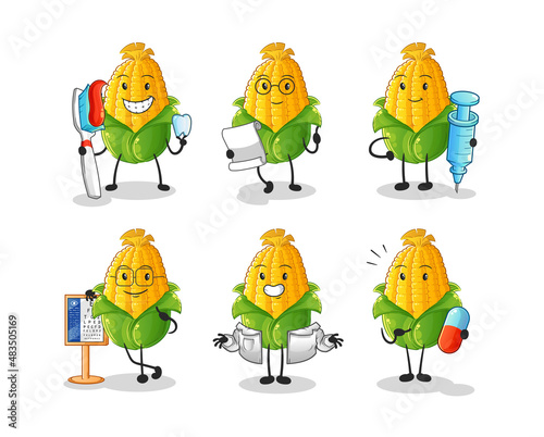 corn doctor group character. cartoon mascot vector