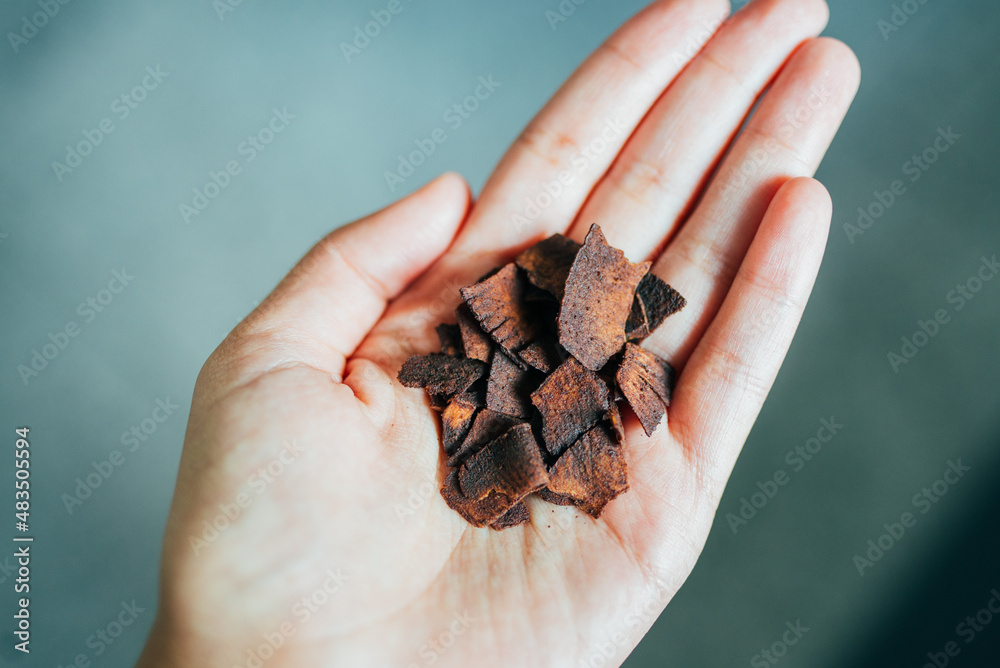 A handful of coconut chips with cocoa powder (healthy snack)