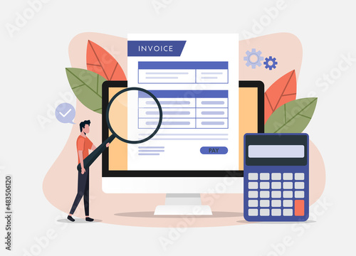 Invoice concept. Man holds magnify glass with calculator icon. Business transaction and payment vector illustration
