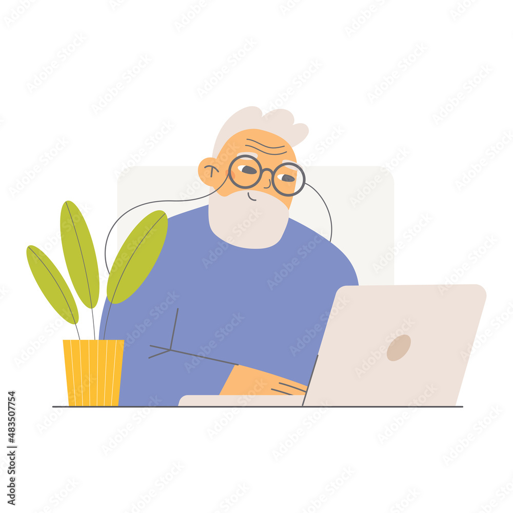 Elderly man with laptop sitting at the desk. Working from home concept. Flat character vector illustration.
