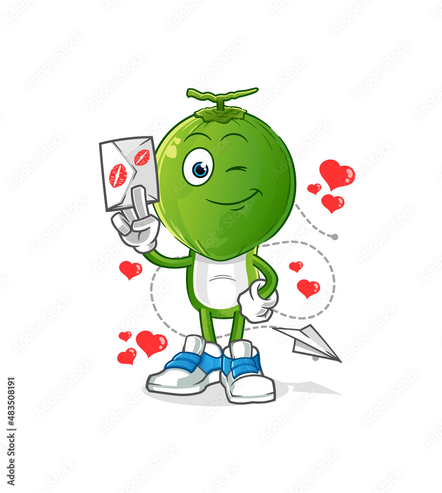 Obraz premium green coconut head cartoon hold love letter illustration. character vector