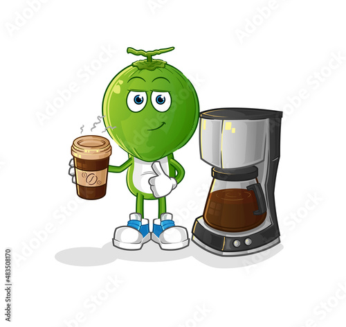 green coconut head cartoon drinking coffee illustration. character vector