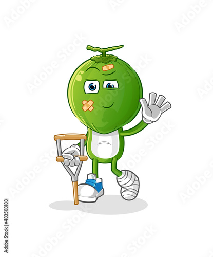 green coconut head cartoon sick with limping stick. cartoon vector