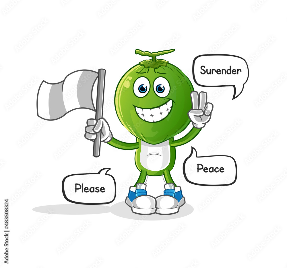 green coconut head cartoon hold surrender flag mascot. cartoon vector green coconut head cartoon hold surrender flag mascot. cartoon vector