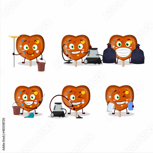Cleaning service orange lolipop love cute cartoon character using mop