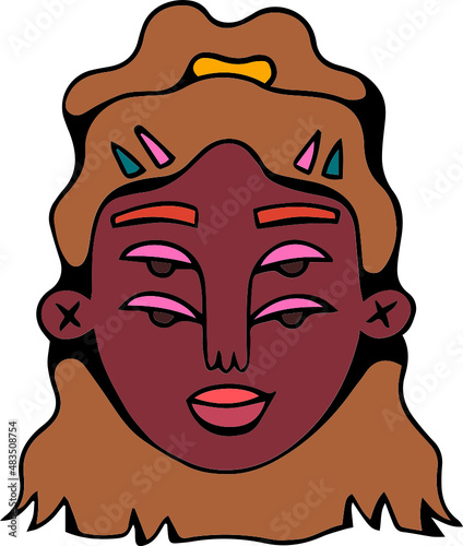 Face portrait of queer person with straight hair and ponytail
