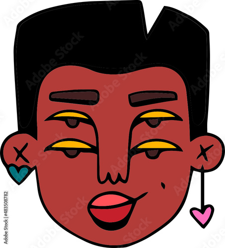 Face portrait of queer person with short hair and earrings