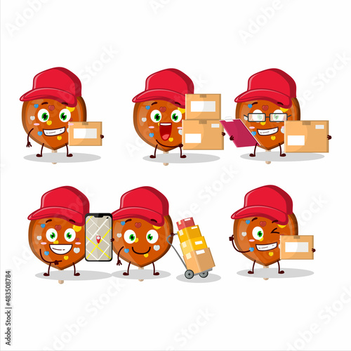 Cartoon character design of orange lolipop love working as a courier