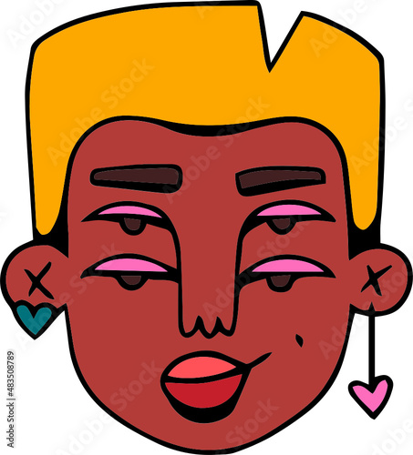 Face portrait of queer person with short hair and earrings