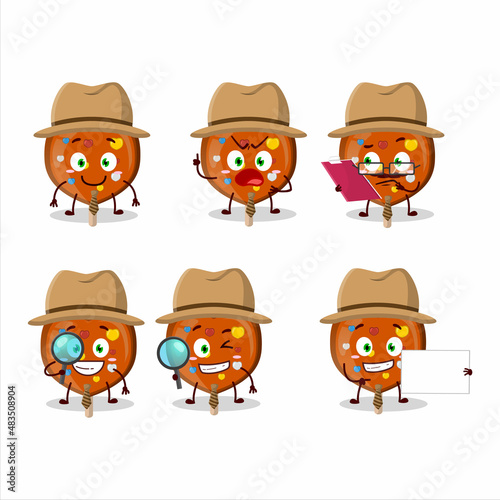 Detective orange lolipop love cute cartoon character holding magnifying glass