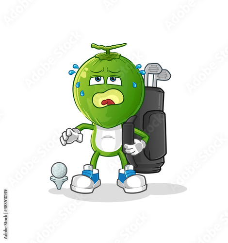 green coconut head cartoon with golf equipment. cartoon mascot vector