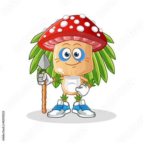 red mushroom head cartoon tribal man mascot. cartoon vector