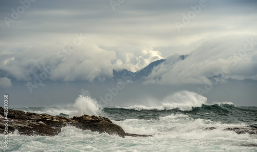 Sea landscape. An morning, Clouds sky and mountains. False bay. South Africa.
