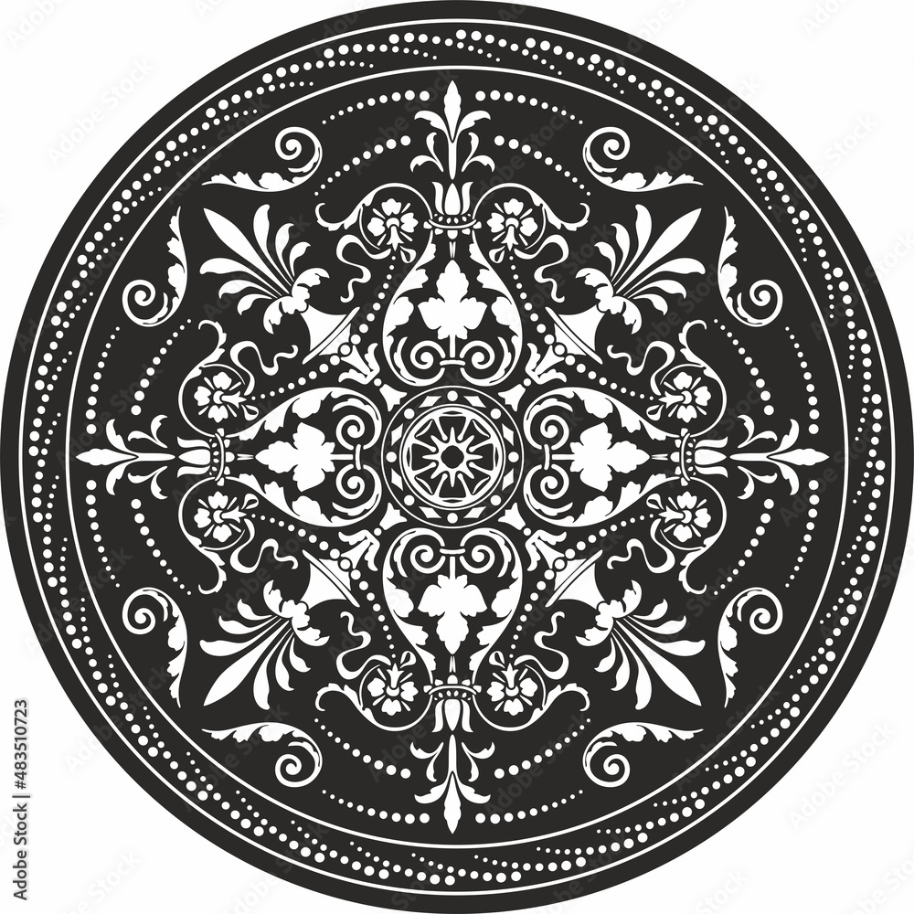 Vector round monochrome european pattern. Floral ornament in a circle. Classic pattern of Ancient Greece and Roman Empire, Byzantium.
Vector round monochrome european pattern. Floral ornament in a circle. Classic pattern of Ancient Greece and Roman Empire, Byzantium.