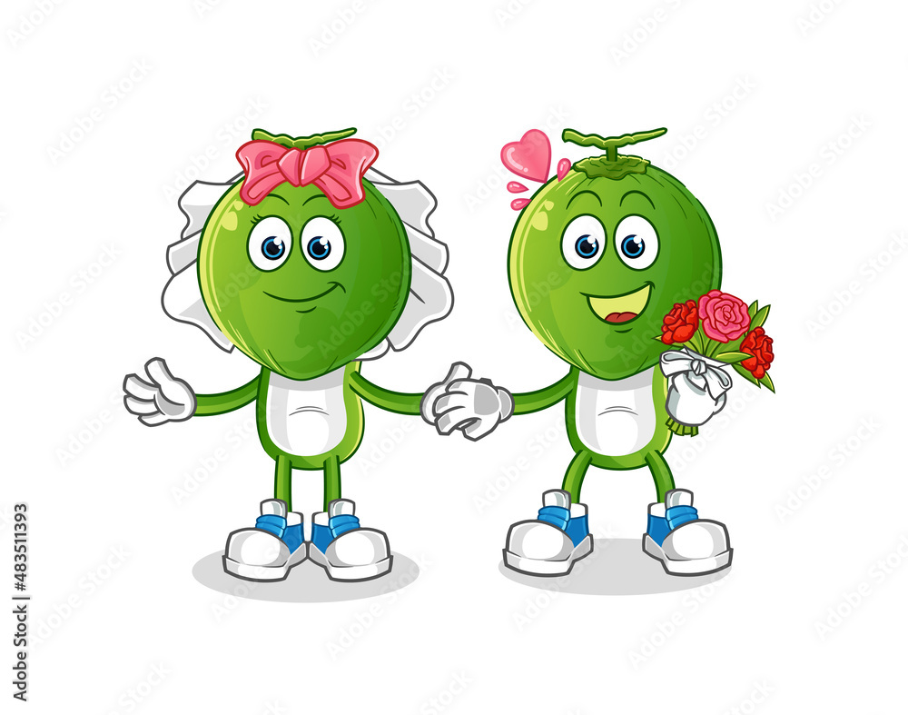 Obraz premium green coconut head cartoon wedding. cartoon mascot vector