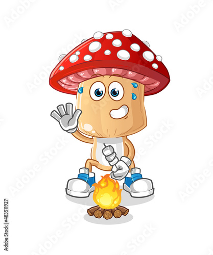 red mushroom head cartoon roasting marshmallows. cartoon vector