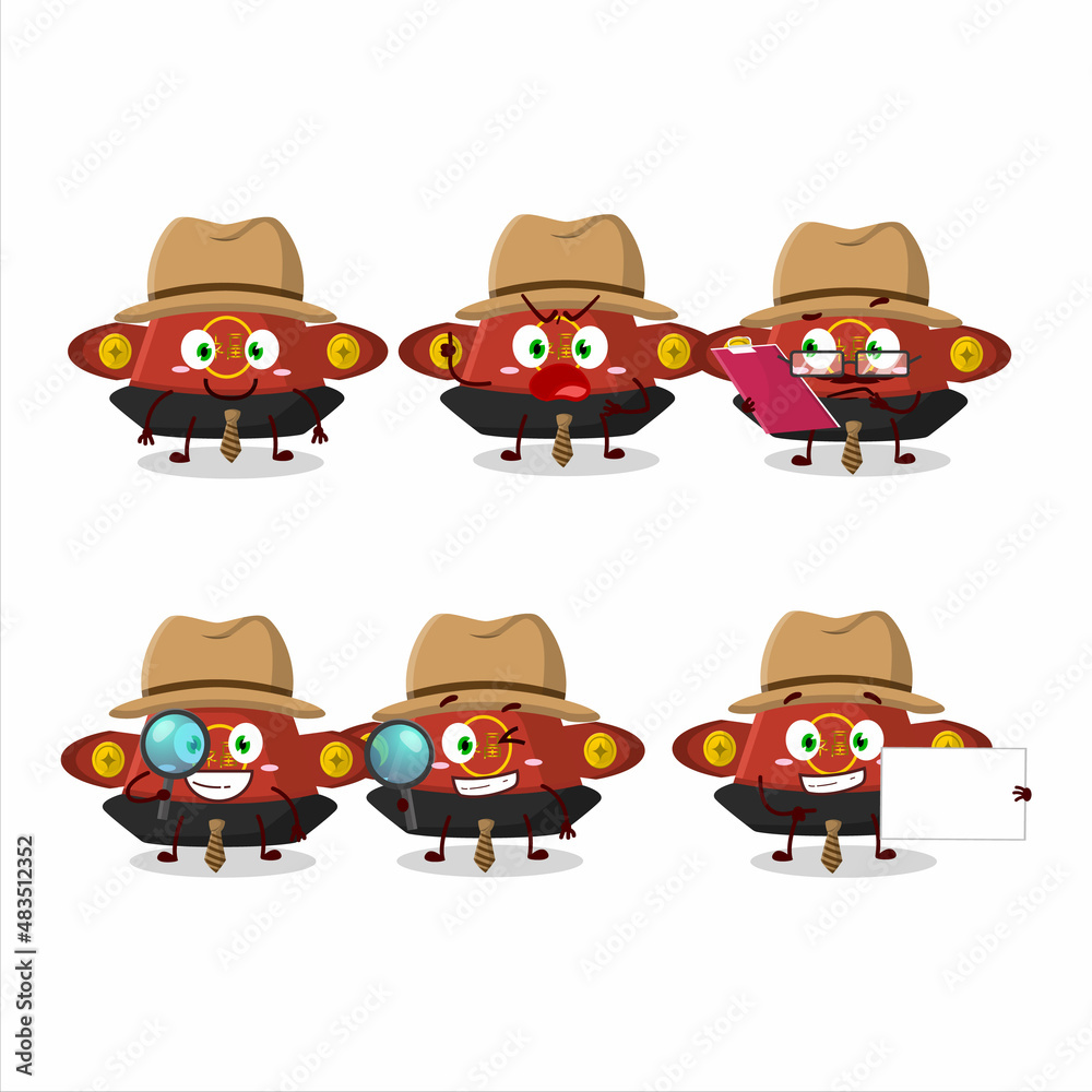 Detective red chinese hat cute cartoon character holding magnifying glass
