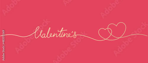 Happy Valentines day banner by lettering continuous single gold line with two hearts embrace isolated on red pink background.
