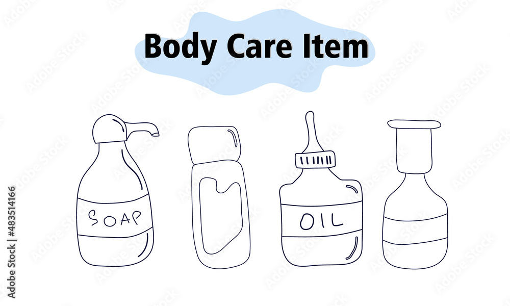 Items and elements for body care. Bathroom items, a toothbrush with toothpaste and a body brush, hairspray and a tube of toothpaste. In a linear style. Vector illustration. Items and elements for body care. Bathroom items, a toothbrush with toothpaste and a body brush, hairspray and a tube of toothpaste. In a linear style. Vector illustration.
