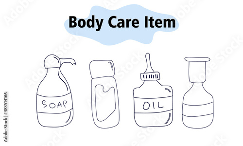 Items and elements for body care. Bathroom items, a toothbrush with toothpaste and a body brush, hairspray and a tube of toothpaste. In a linear style. Vector illustration.