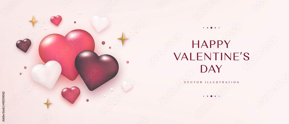 Happy valentine's day greeting banner with the decor of realistic hearts. Festive horizontal background. Vector illustration