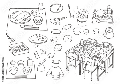 給食にまつわる手描きイラストセット（モノクロ）
